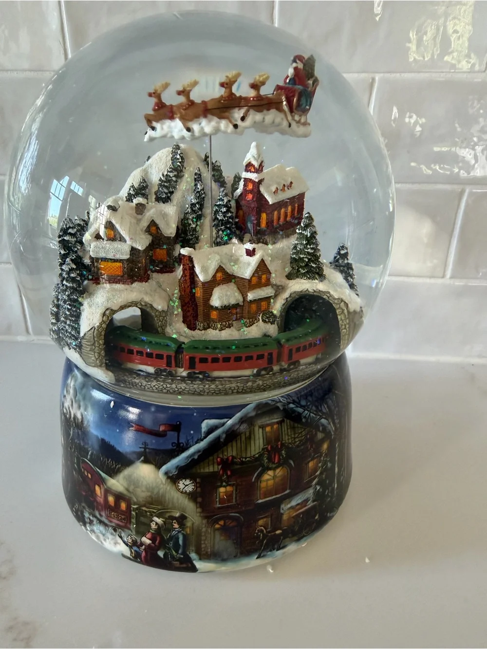 Festive Snow Globe Holiday Village with Train - White & Red